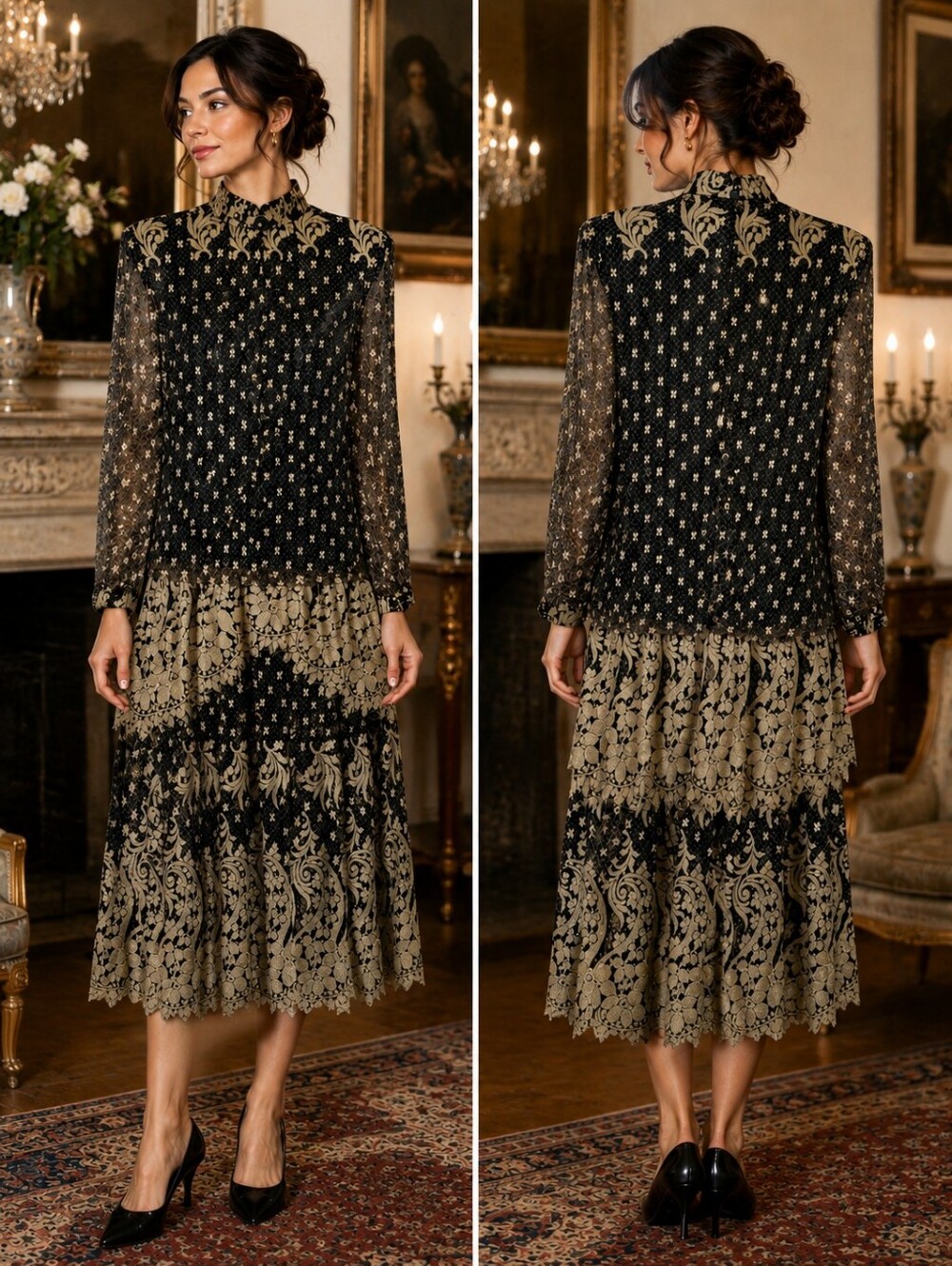 VTG Damianou Black Gold Lace Midi Dress Sz 5 USA Shoulder Pads 70s Glam Victoria